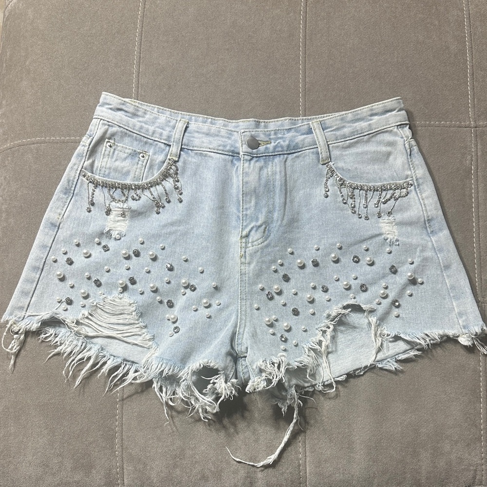 Light Blue Distressed Denim Shorts with Pearl Details - Picture 1 of 7